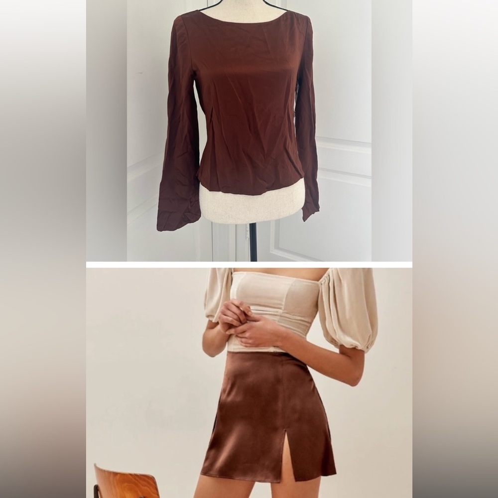 Reformation Wilde Top + Robbie Skirt Set NWT Chestnut Brown Size S